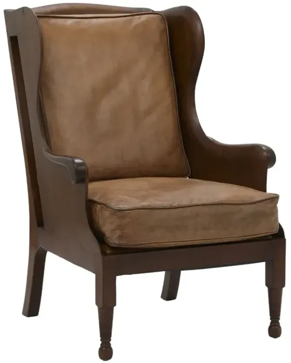 Dalton Updated Traditional Brown Leather Wood Arm Chair