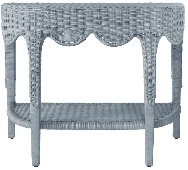 Worlds Away Paloma Blue Woven Rattan Scalloped Demilune Console Table