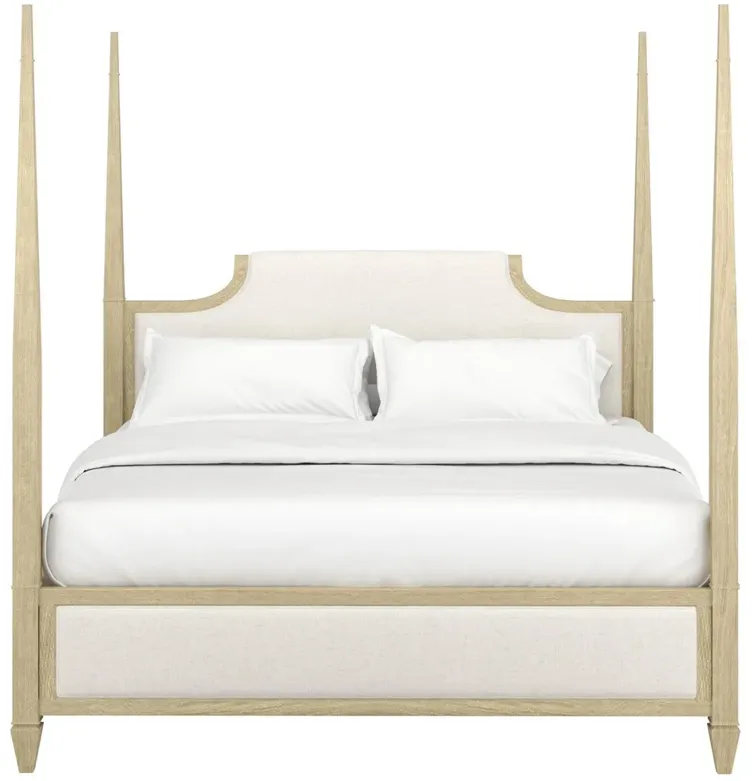 Gatlin Updated Traditional White Upholstered Beige Wood Four Poster Bed - King