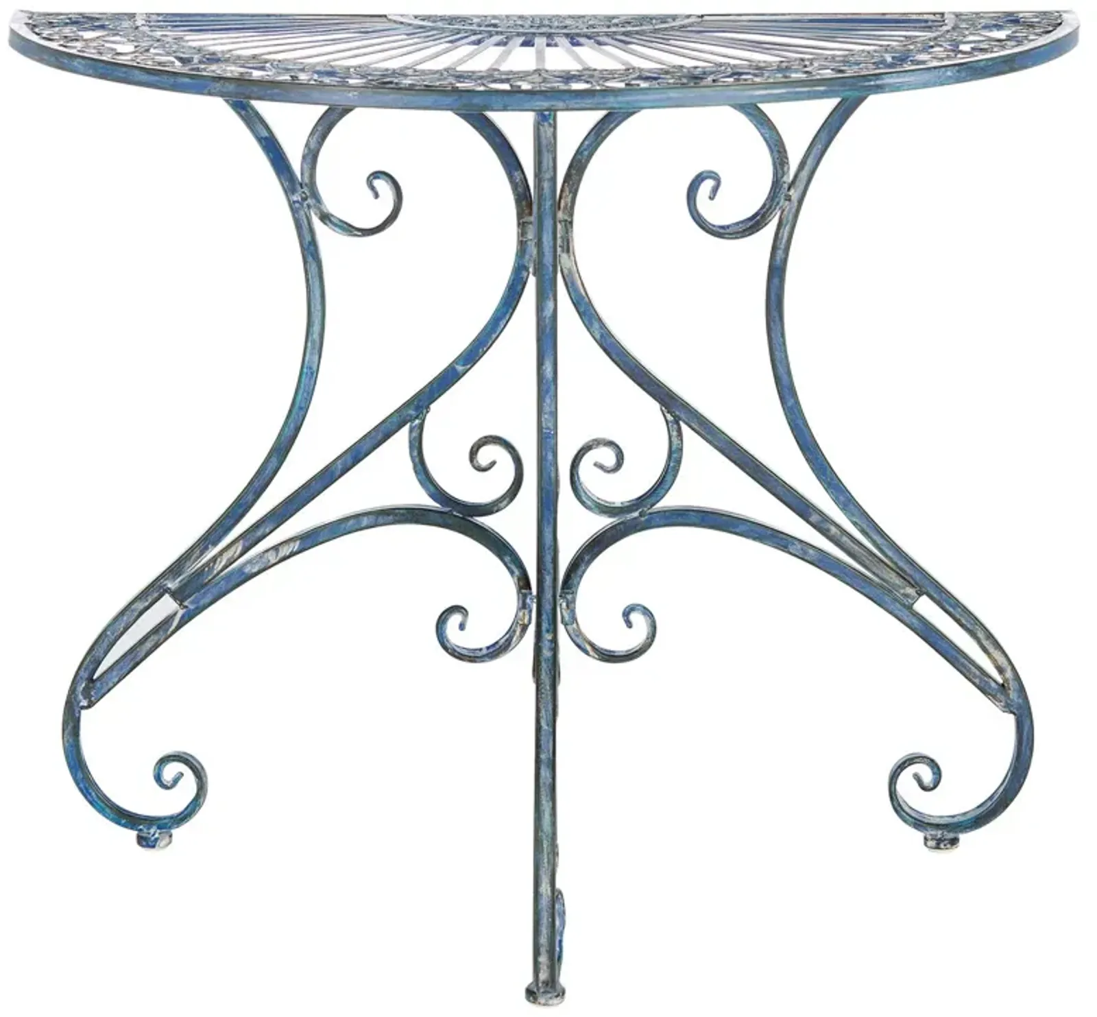 Alessia French Country Antique Blue Iron Demilune Outdoor Console Table