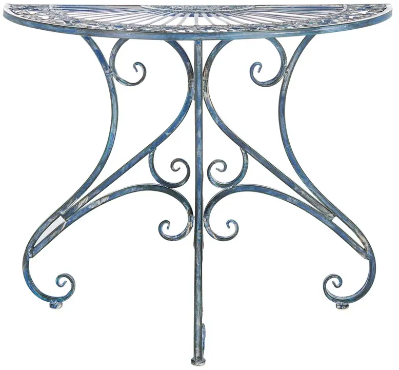 Alessia French Country Antique Blue Iron Demilune Outdoor Console Table