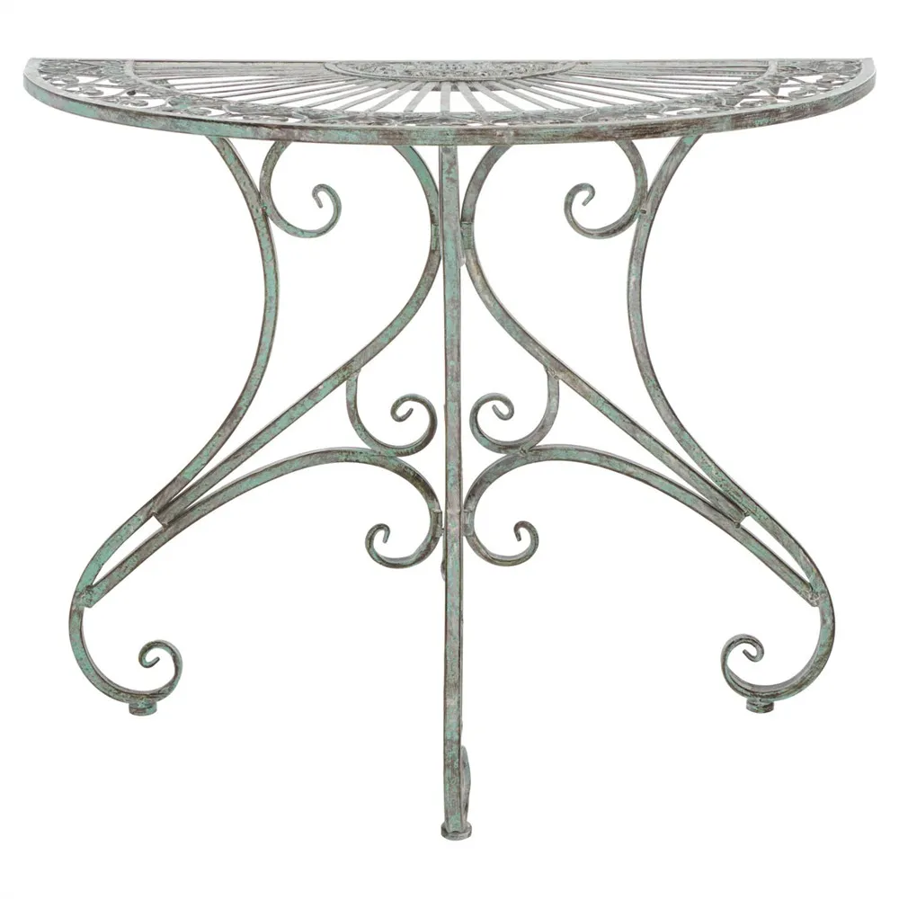 Alessia French Country Antique Green Iron Demilune Outdoor Console Table