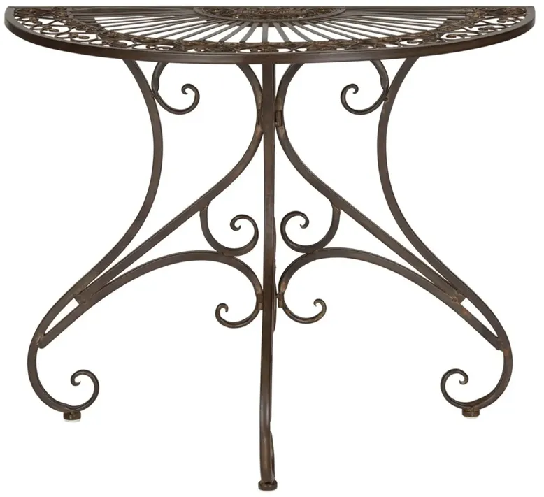 Alessia French Country Rustic Brown Iron Demilune Outdoor Console Table