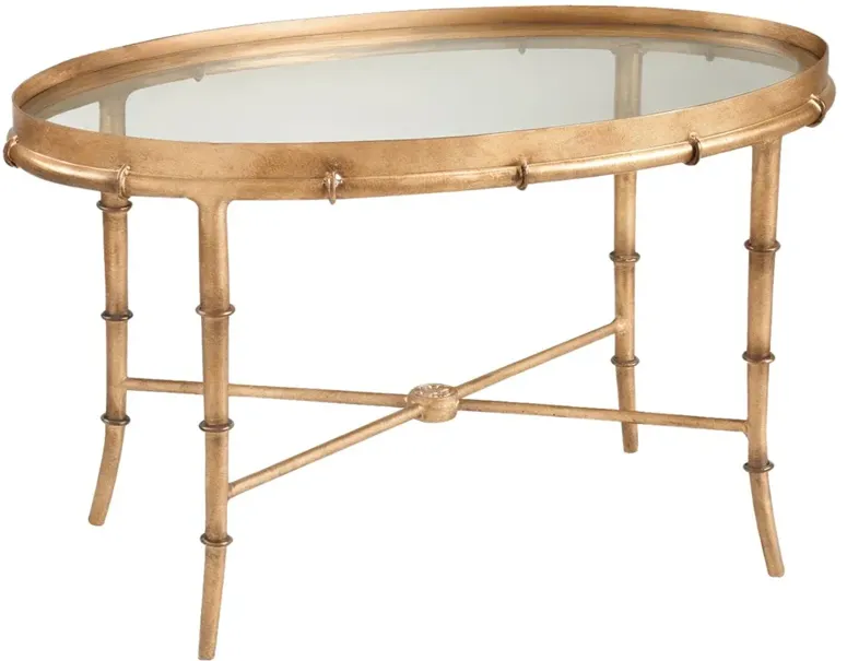 Arabella Updated Traditional Antique Gold Iron Bamboo Oval Coffee Table