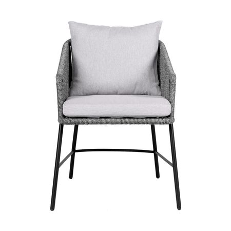 Calica Outdoor Patio Dining Chair in Black Metal and Gray Rope