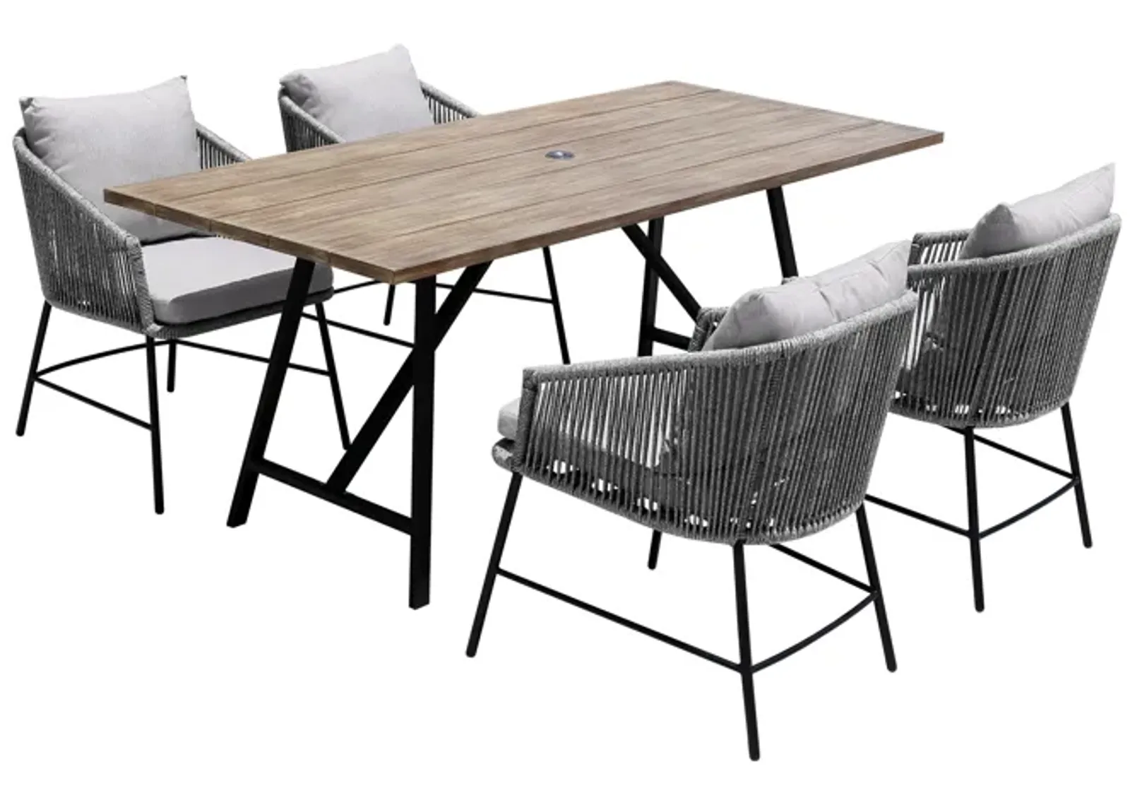 Koala and Calica 5 Piece Dining Set in Light Eucalyptus and Metal with Gray Rope