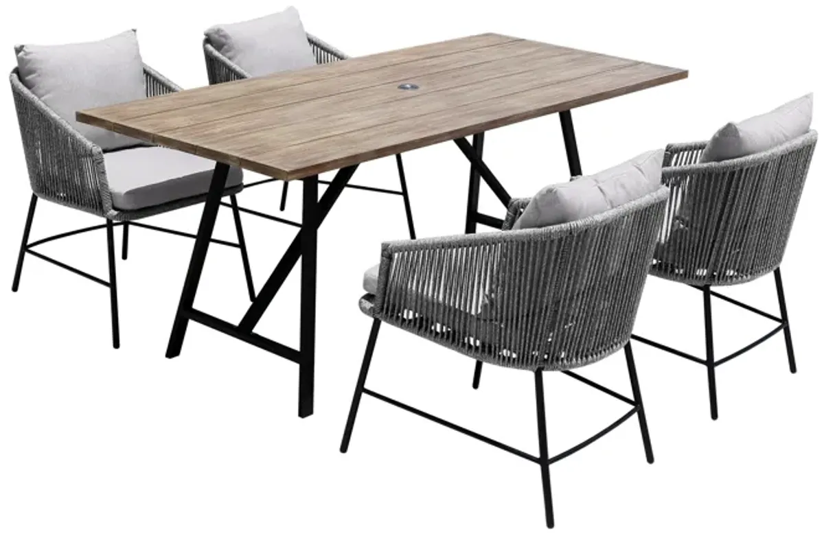 Koala and Calica 5 Piece Dining Set in Light Eucalyptus and Metal with Gray Rope