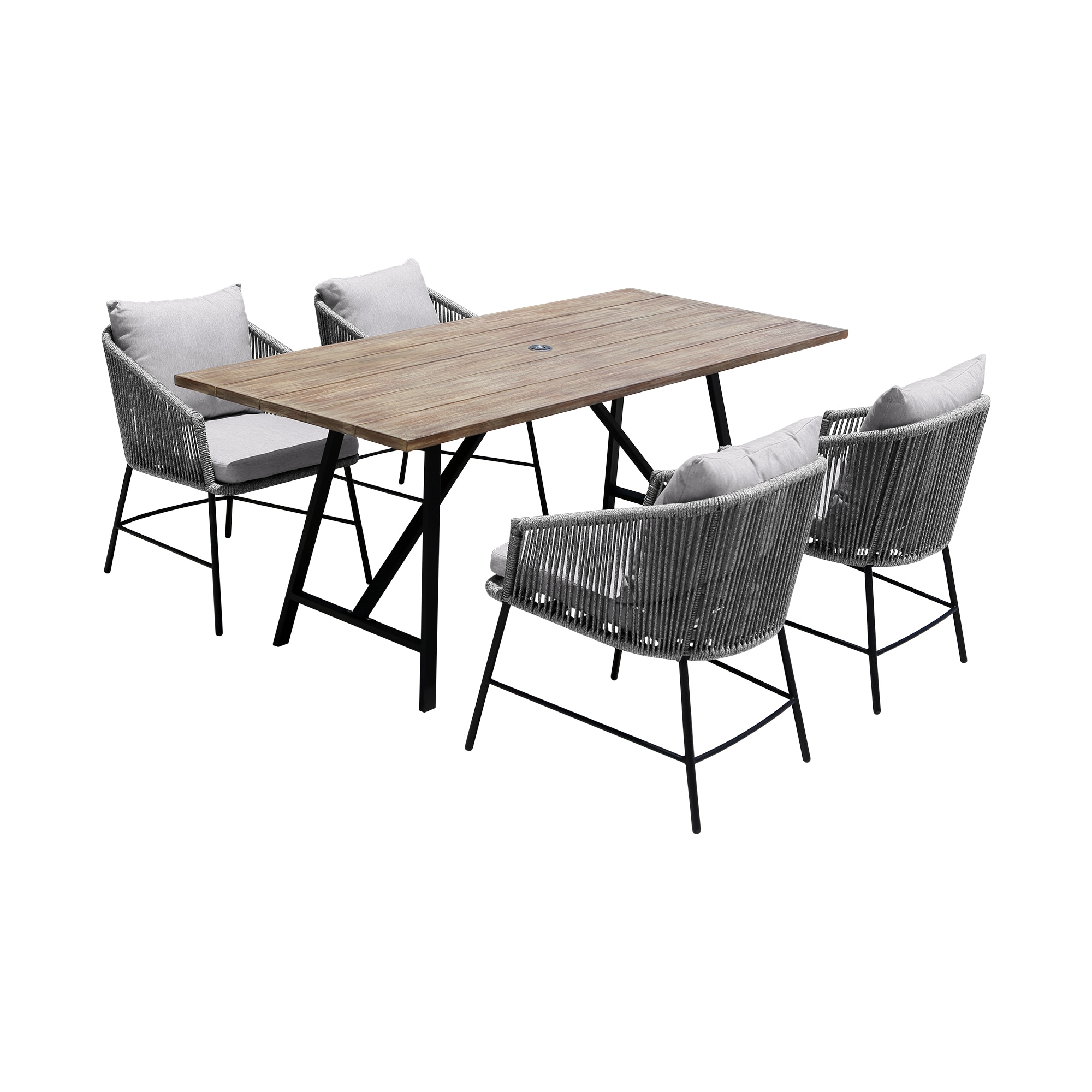 Koala and Calica 5 Piece Dining Set in Light Eucalyptus and Metal with Gray Rope