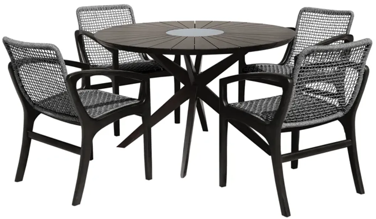 Sachi and Brighton 5 Piece Dining Set in Dark Eucalyptus Wood with Gray Rope