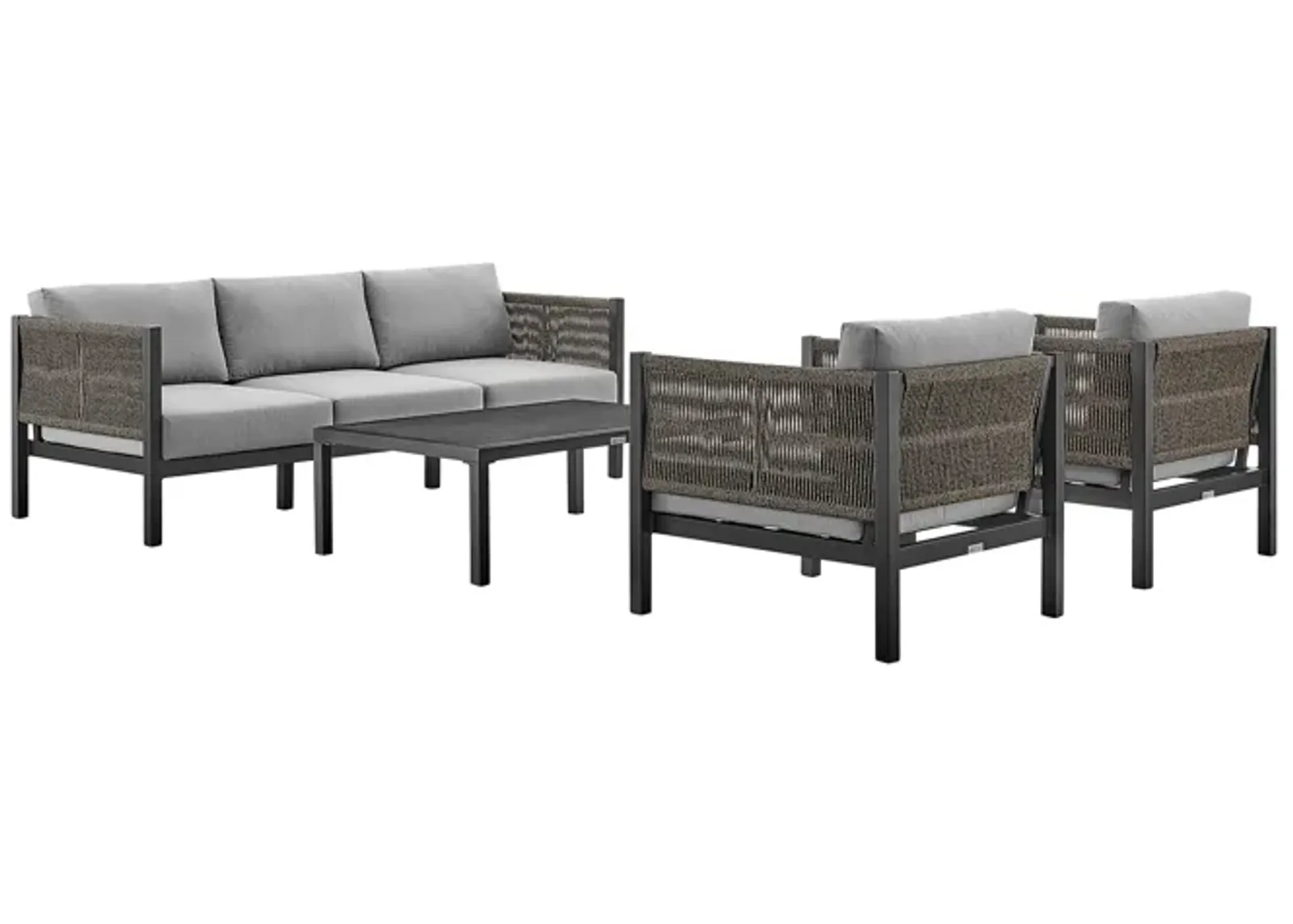 Cuffay 4 Piece Outdoor Patio Furniture Set in Black Aluminum and Rope with Gray Cushions