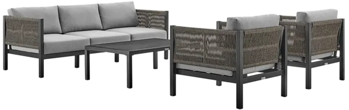 Cuffay 4 Piece Outdoor Patio Furniture Set in Black Aluminum and Rope with Gray Cushions