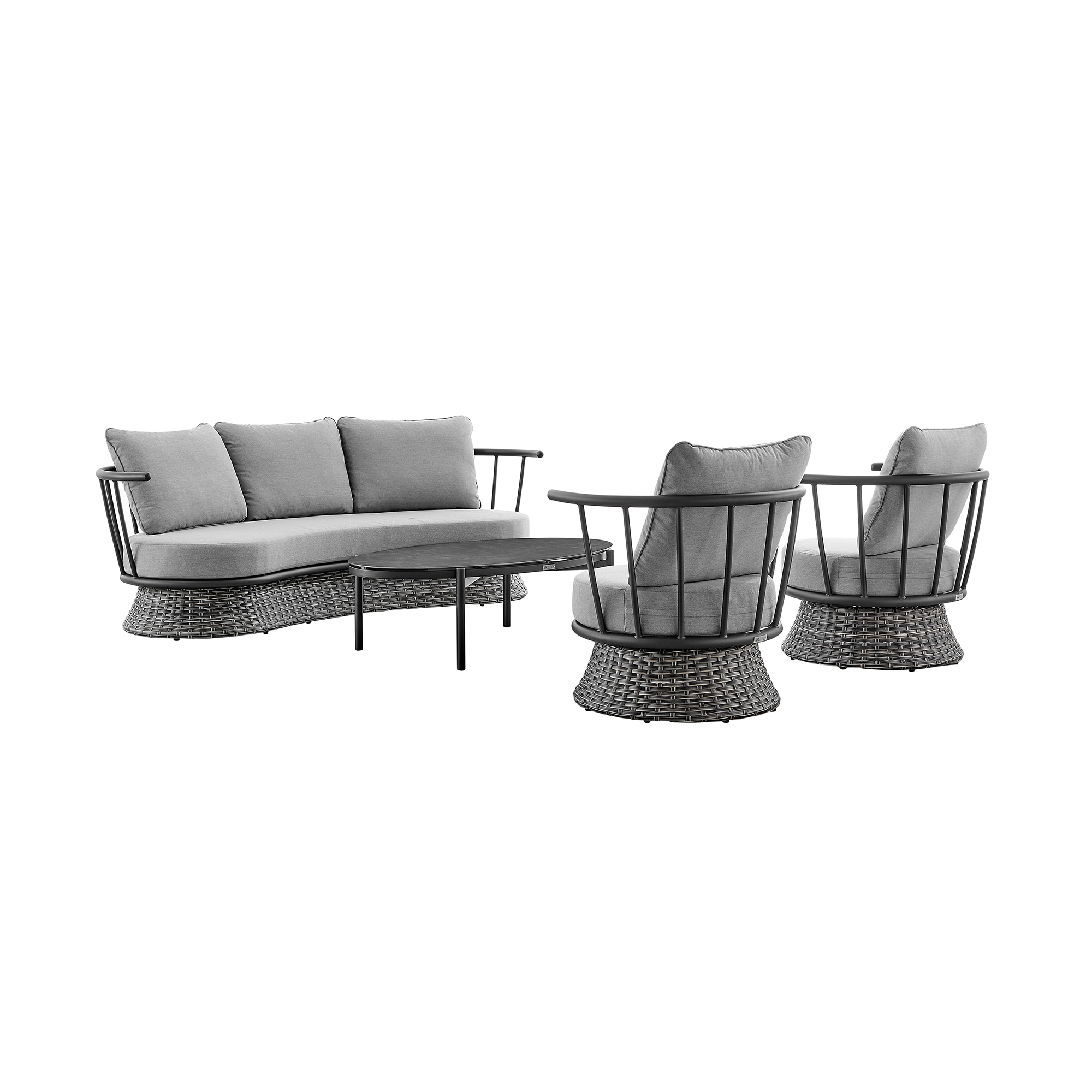 Monk 4 Piece Outdoor Patio Furniture Set in Black Aluminum and Gray Wicker with Gray Cushions