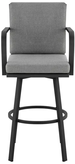 Don 30" Outdoor Patio Swivel Bar Stool in Black Aluminum with Grey Cushions