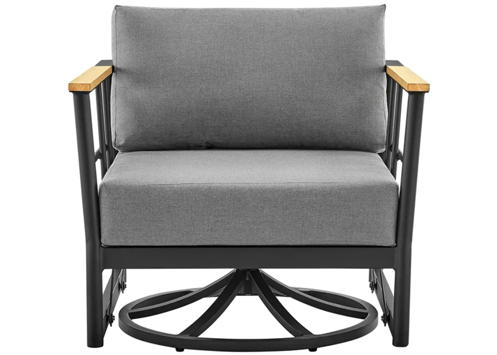 Shari Outdoor Patio Swivel Glider Lounge Chair in Black Aluminum and Teak Wood with Cushions