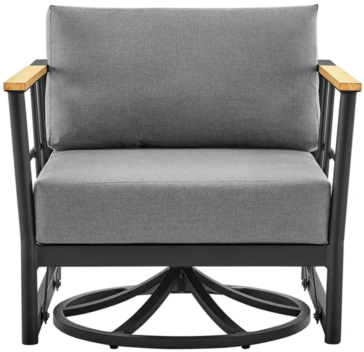 Shari Outdoor Patio Swivel Glider Lounge Chair in Black Aluminum and Teak Wood with Cushions