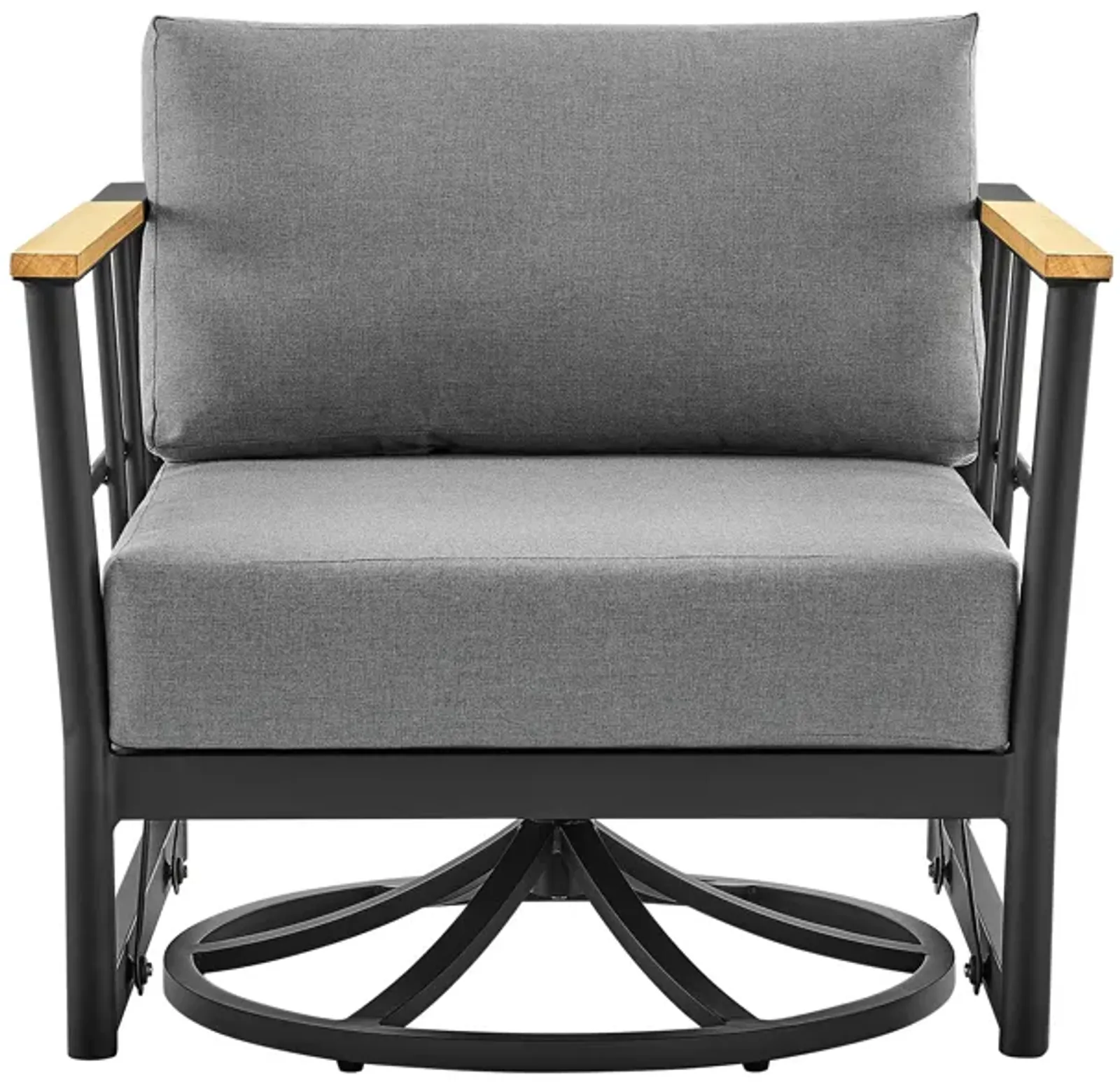 Shari Outdoor Patio Swivel Glider Lounge Chair in Black Aluminum and Teak Wood with Cushions