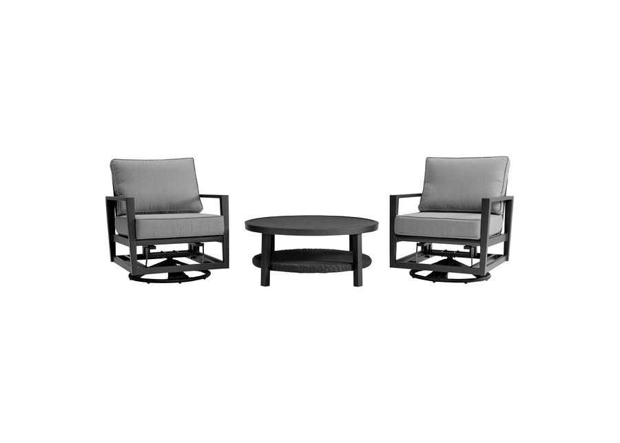 Shari and Tiffany 3 Piece Patio Outdoor Swivel Seating Set in Black Aluminum with Gray Cushions