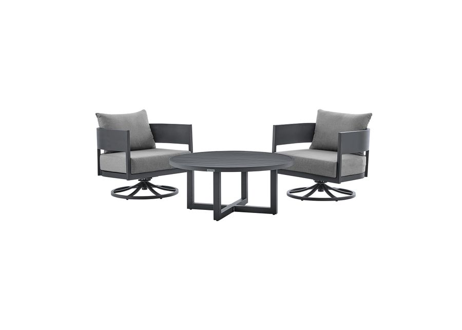 Argiope 3 Piece Patio Outdoor Swivel Seating Set in Dark Gray Aluminum with Gray Cushions