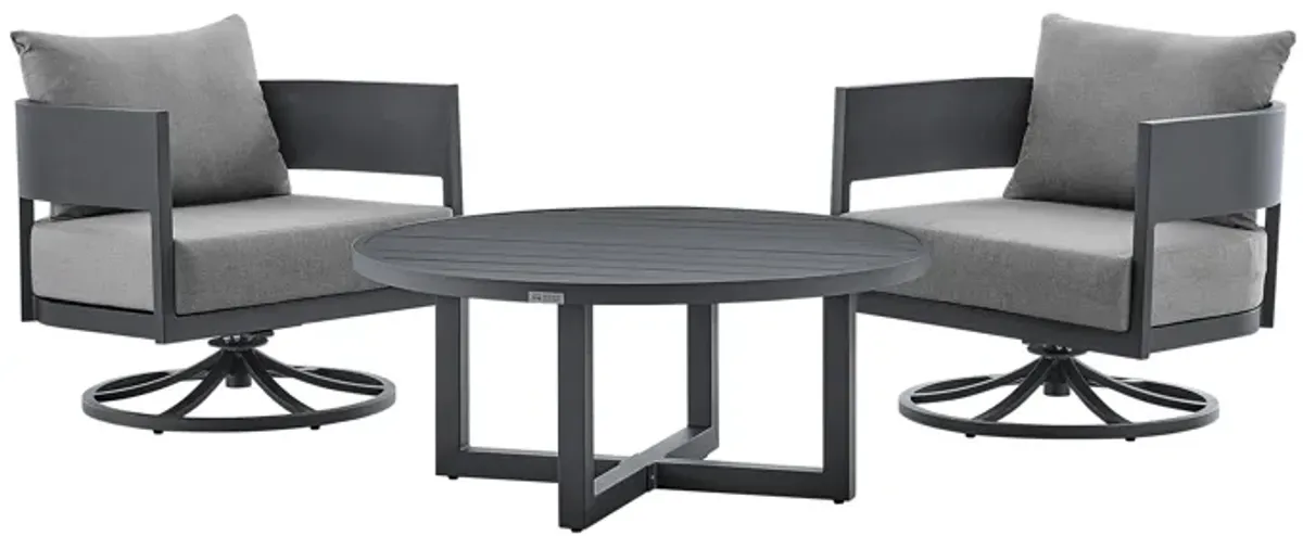 Argiope 3 Piece Patio Outdoor Swivel Seating Set in Dark Gray Aluminum with Gray Cushions