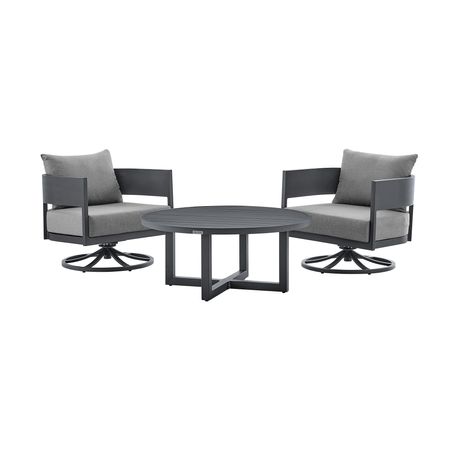 Argiope 3 Piece Patio Outdoor Swivel Seating Set in Dark Gray Aluminum with Gray Cushions