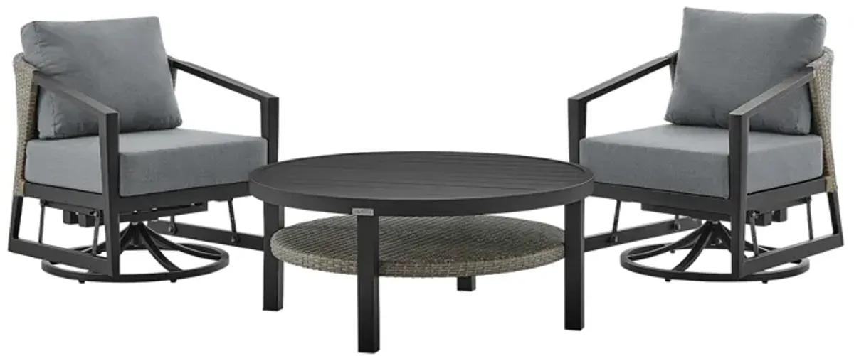 Aileen 3 Piece Patio Outdoor Swivel Seating Set in Black Aluminum with Gray Wicker and Cushions