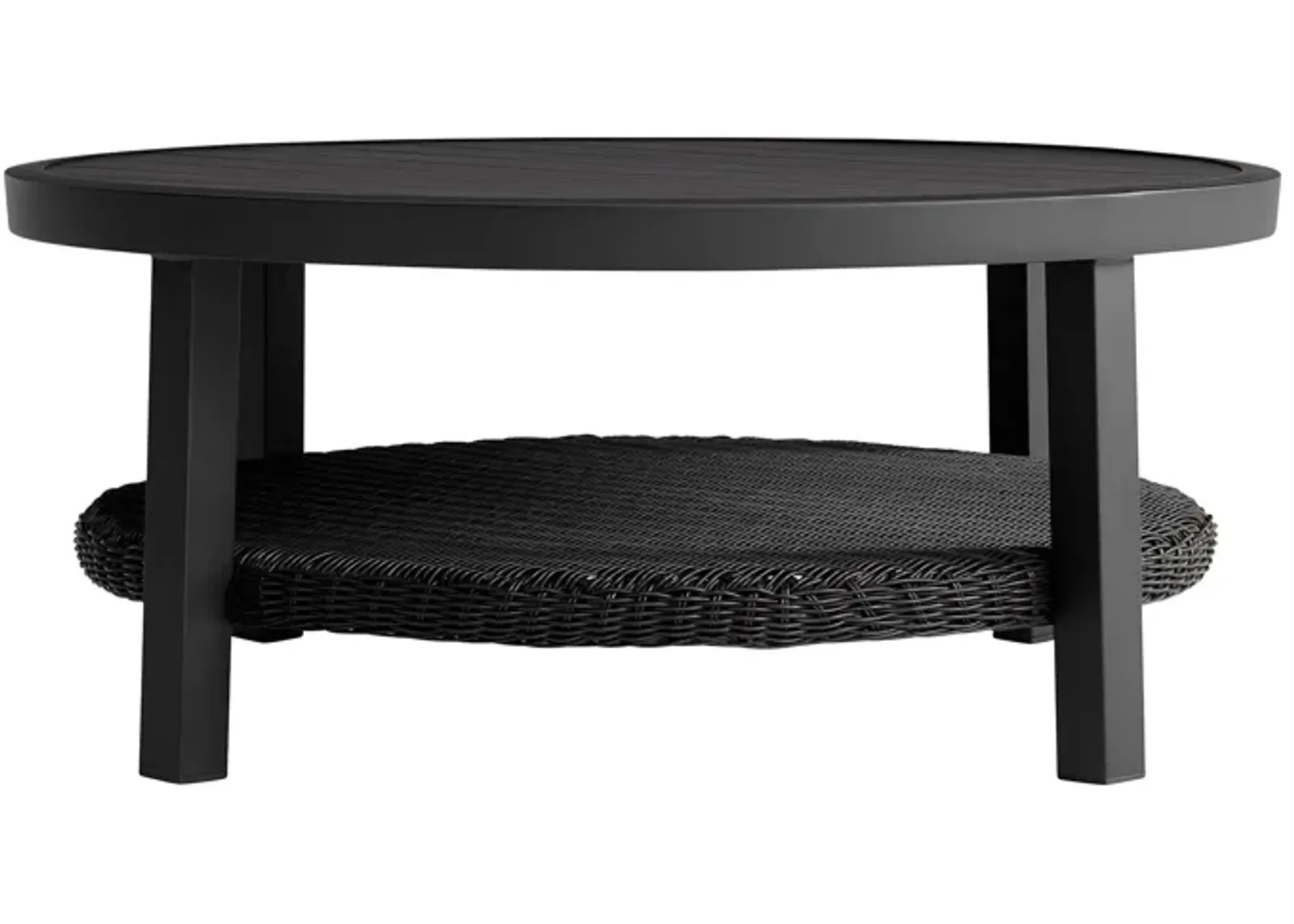 Grand Aluminum Outdoor Round Conversation Table with Wicker Shelf in Black