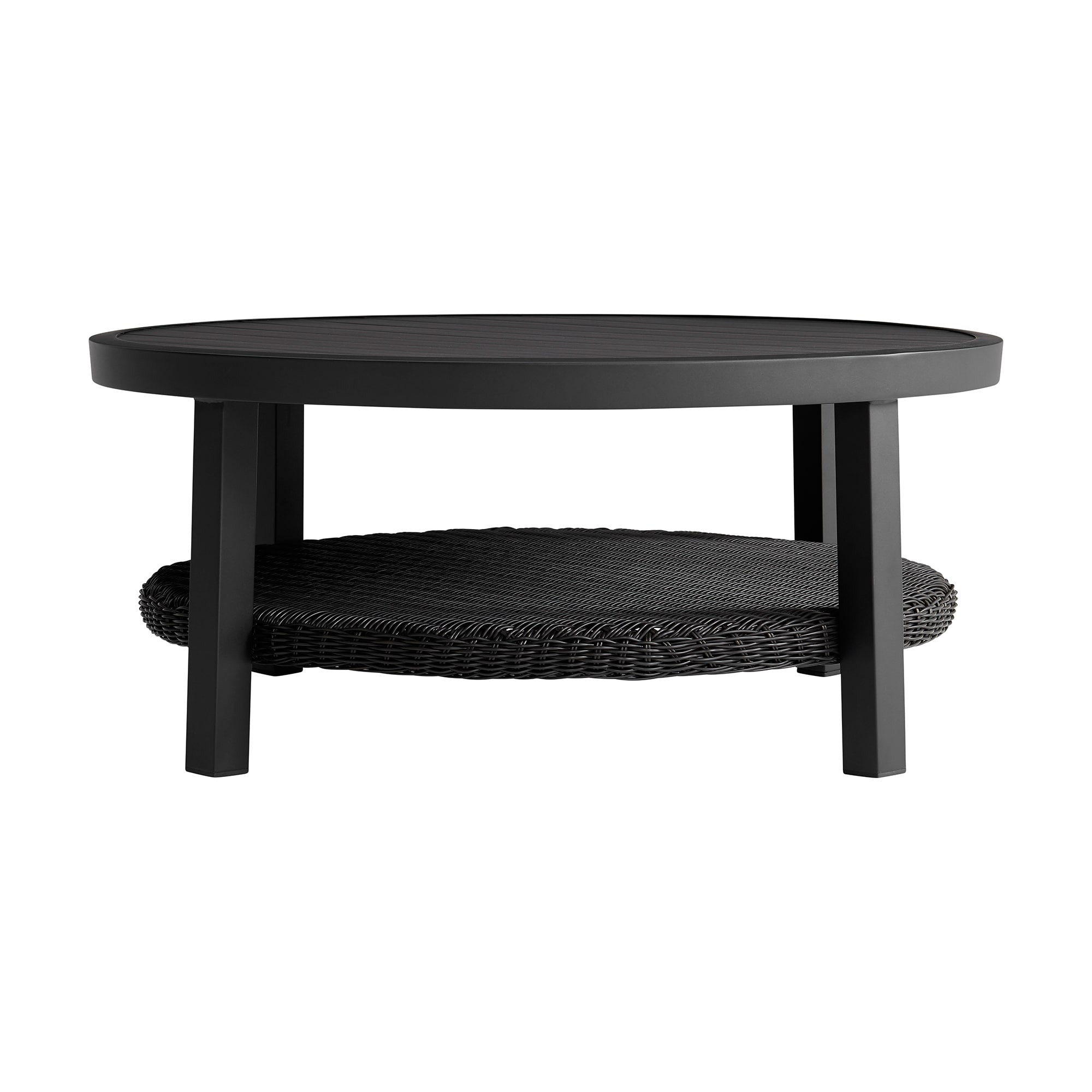 Grand Aluminum Outdoor Round Conversation Table with Wicker Shelf in Black