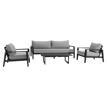 Grand 4 Piece Black Aluminum Outdoor Seating Set with Dark Cushions in Gray
