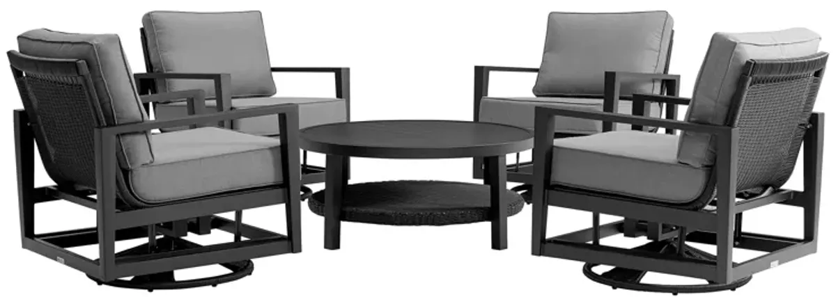 Grand 5 Piece Black Aluminum Outdoor Seating Set with Cushions in Dark Gray