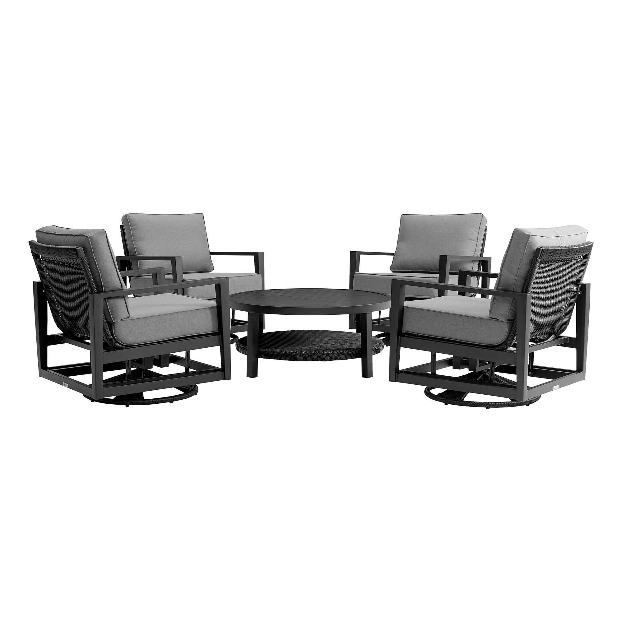 Grand 5 Piece Black Aluminum Outdoor Seating Set with Cushions in Dark Gray