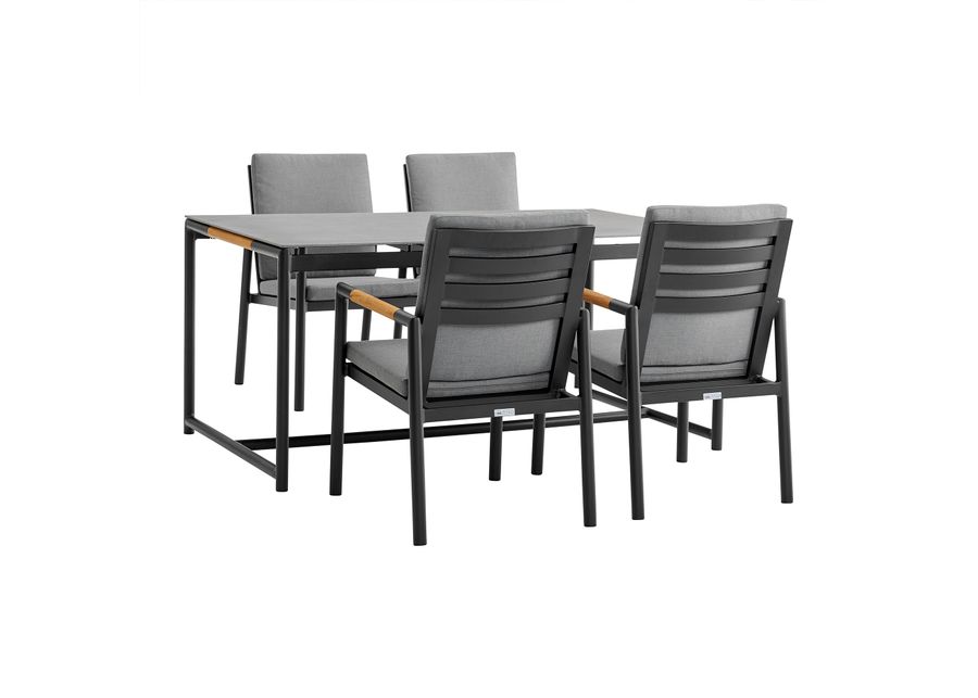 Royal 5 Piece Black Aluminum and Teak Outdoor Dining Set with Dark Fabric in Gray