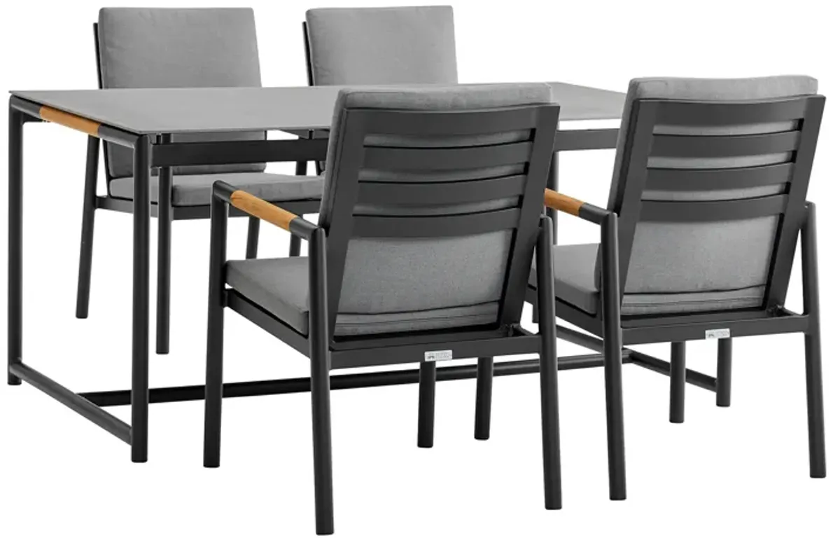 Royal 5 Piece Black Aluminum and Teak Outdoor Dining Set with Dark Fabric in Gray