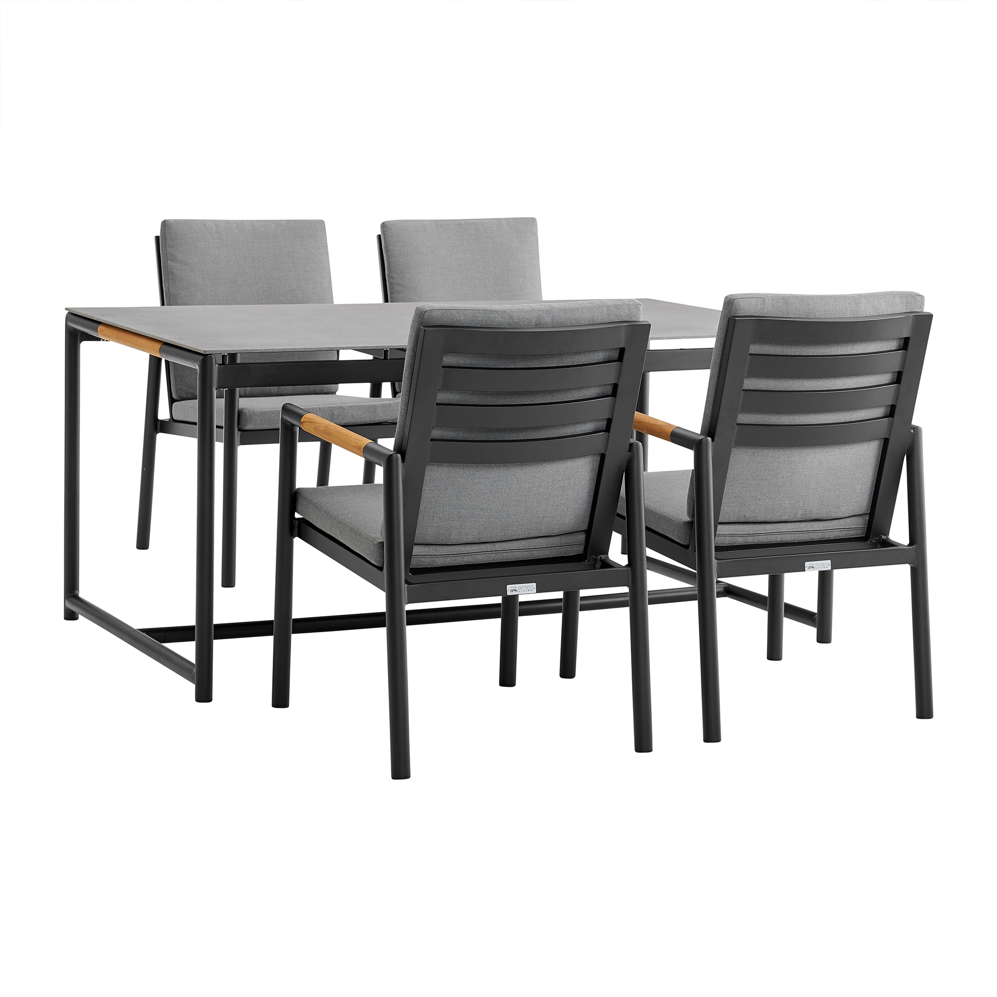 Royal 5 Piece Black Aluminum and Teak Outdoor Dining Set with Dark Fabric in Gray