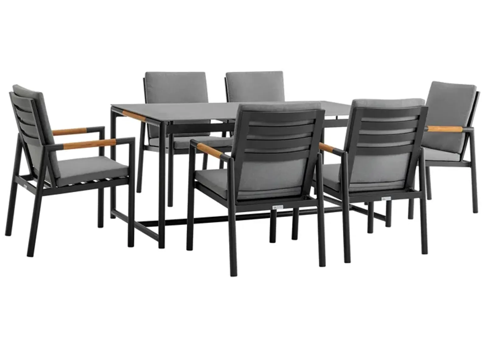 Royal 7 Piece Black Aluminum and Teak Outdoor Dining Set with Dark Fabric in Gray