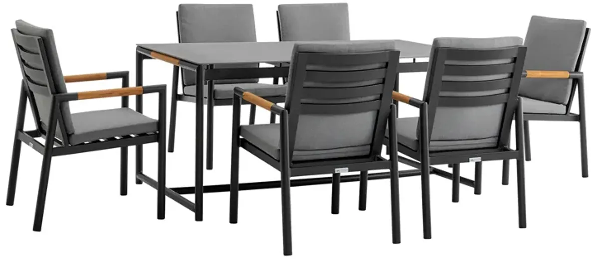 Royal 7 Piece Black Aluminum and Teak Outdoor Dining Set with Dark Fabric in Gray