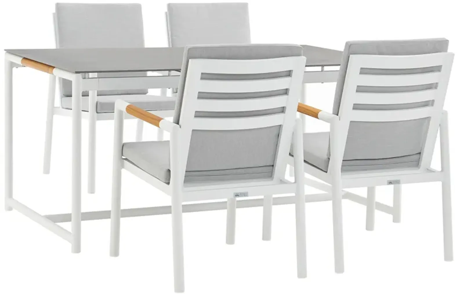 Royal 5 Piece White Aluminum and Teak Outdoor Dining Set with Light Fabric in Gray