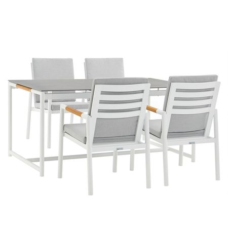 Royal 5 Piece White Aluminum and Teak Outdoor Dining Set with Light Fabric in Gray