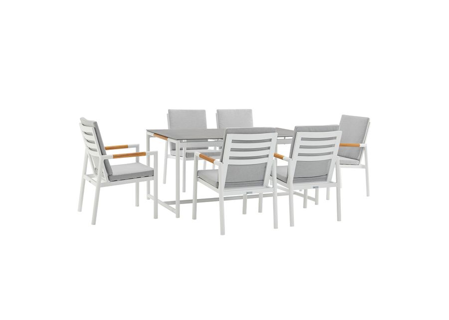 Royal 7 Piece Aluminum and Teak Outdoor Dining Set with Light Gray Fabric in White