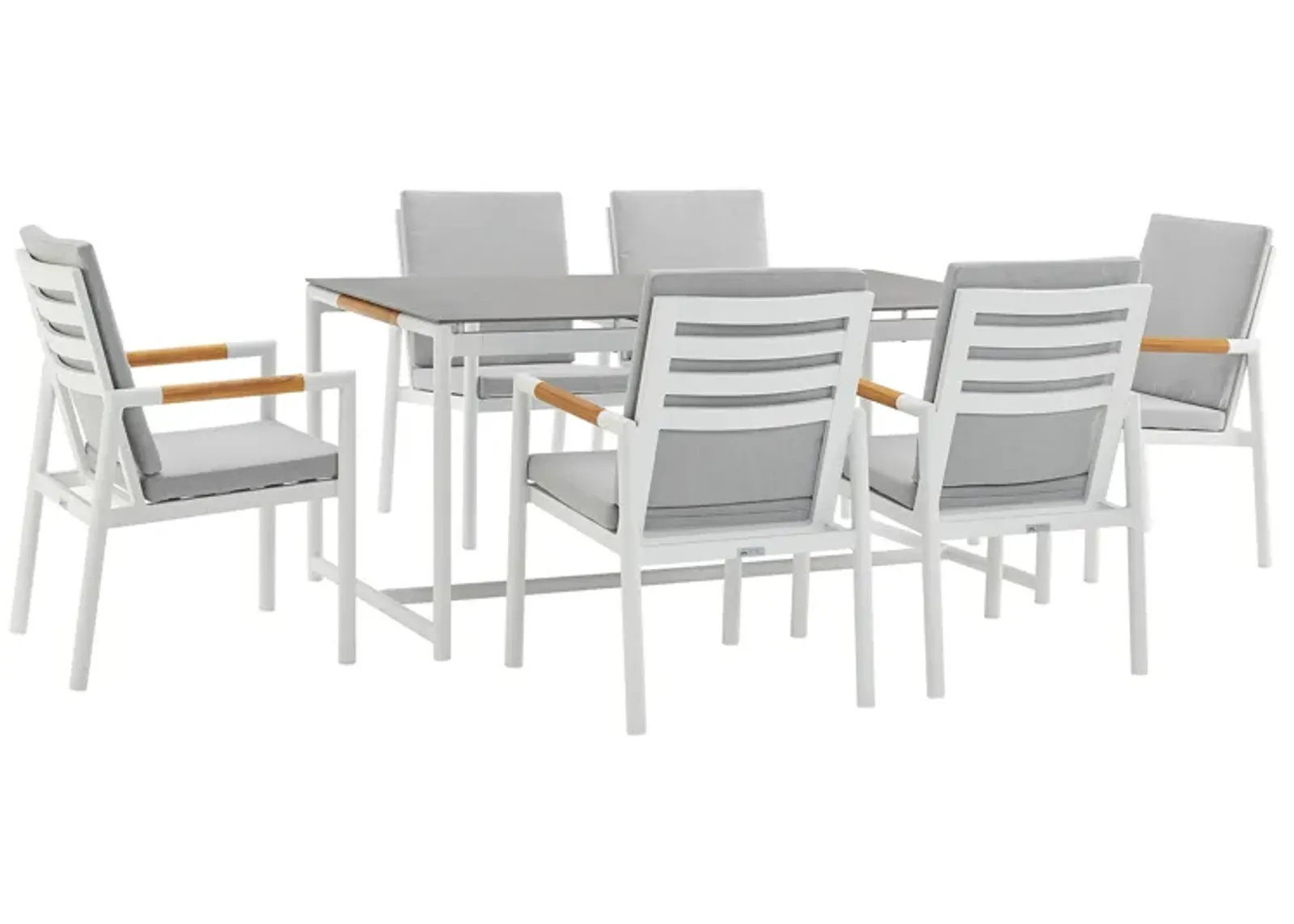 Royal 7 Piece Aluminum and Teak Outdoor Dining Set with Light Gray Fabric in White