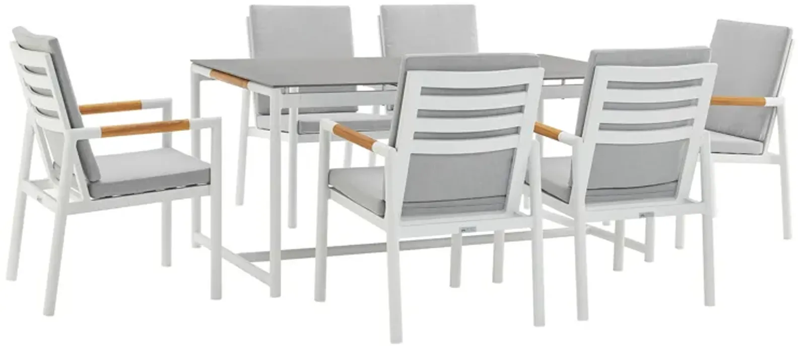 Royal 7 Piece Aluminum and Teak Outdoor Dining Set with Light Gray Fabric in White