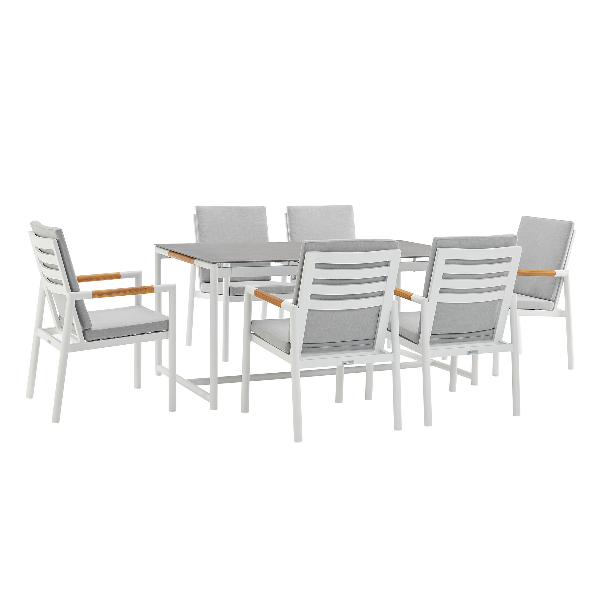 Royal 7 Piece Aluminum and Teak Outdoor Dining Set with Light Gray Fabric in White