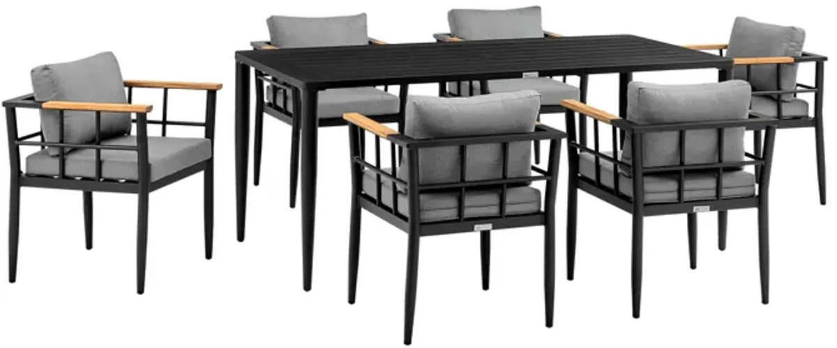 Beowulf Outdoor Patio 7-Piece Dining Table Set in Aluminum and Teak with Gray Cushions