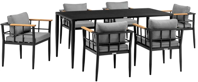 Beowulf Outdoor Patio 7-Piece Dining Table Set in Aluminum and Teak with Gray Cushions