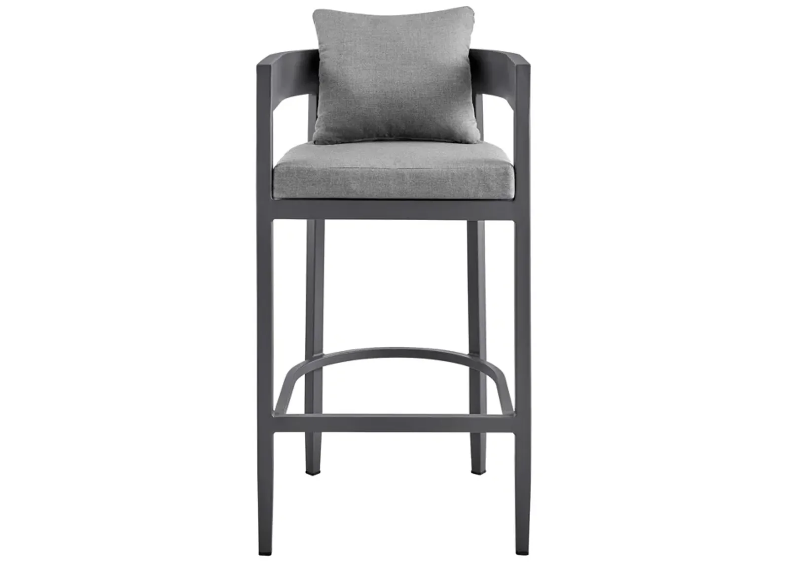 Argiope Outdoor Patio Counter Height Bar Stool in Aluminum with Gray Cushions