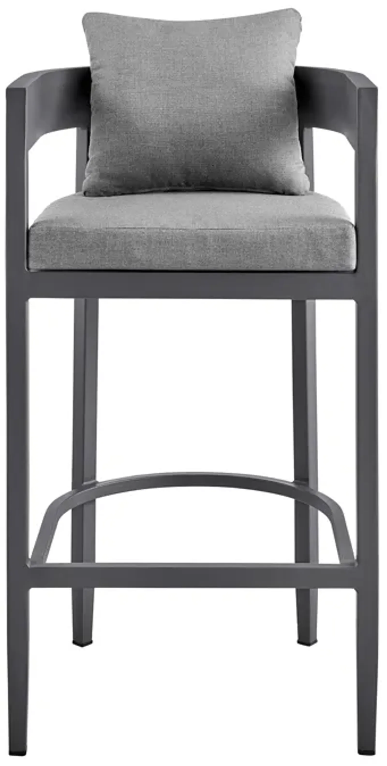 Argiope Outdoor Patio Counter Height Bar Stool in Aluminum with Gray Cushions