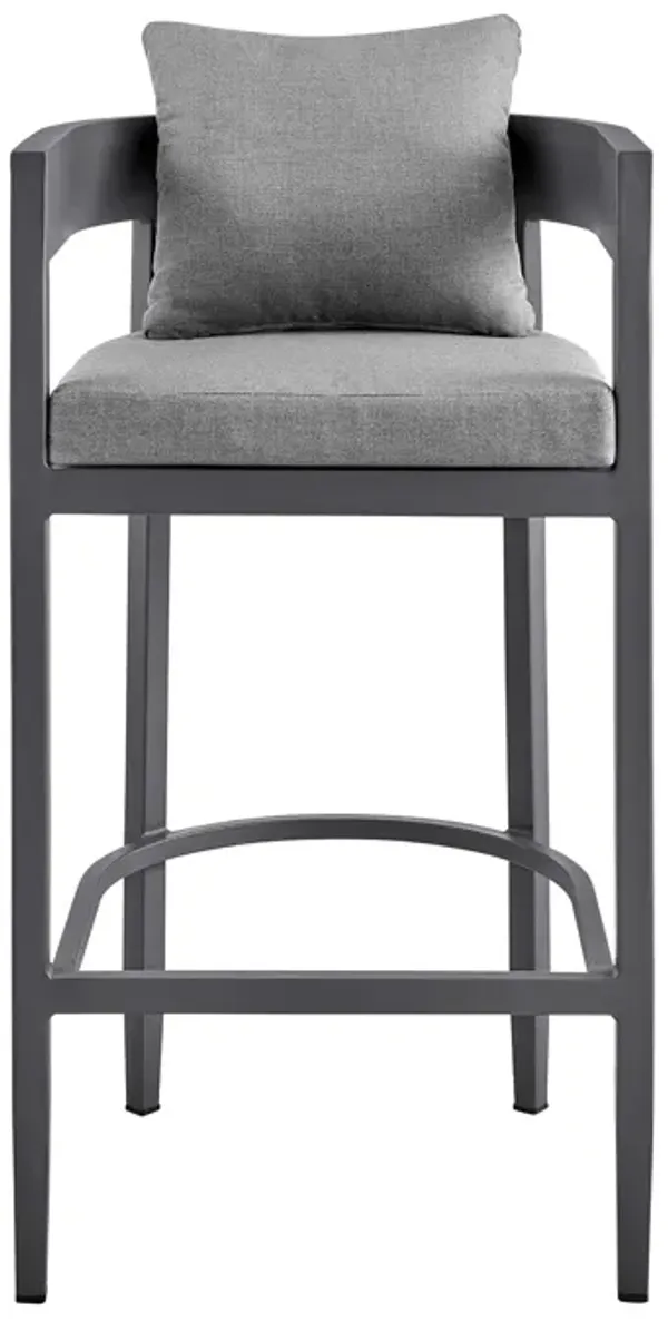 Argiope Outdoor Patio Counter Height Bar Stool in Aluminum with Gray Cushions