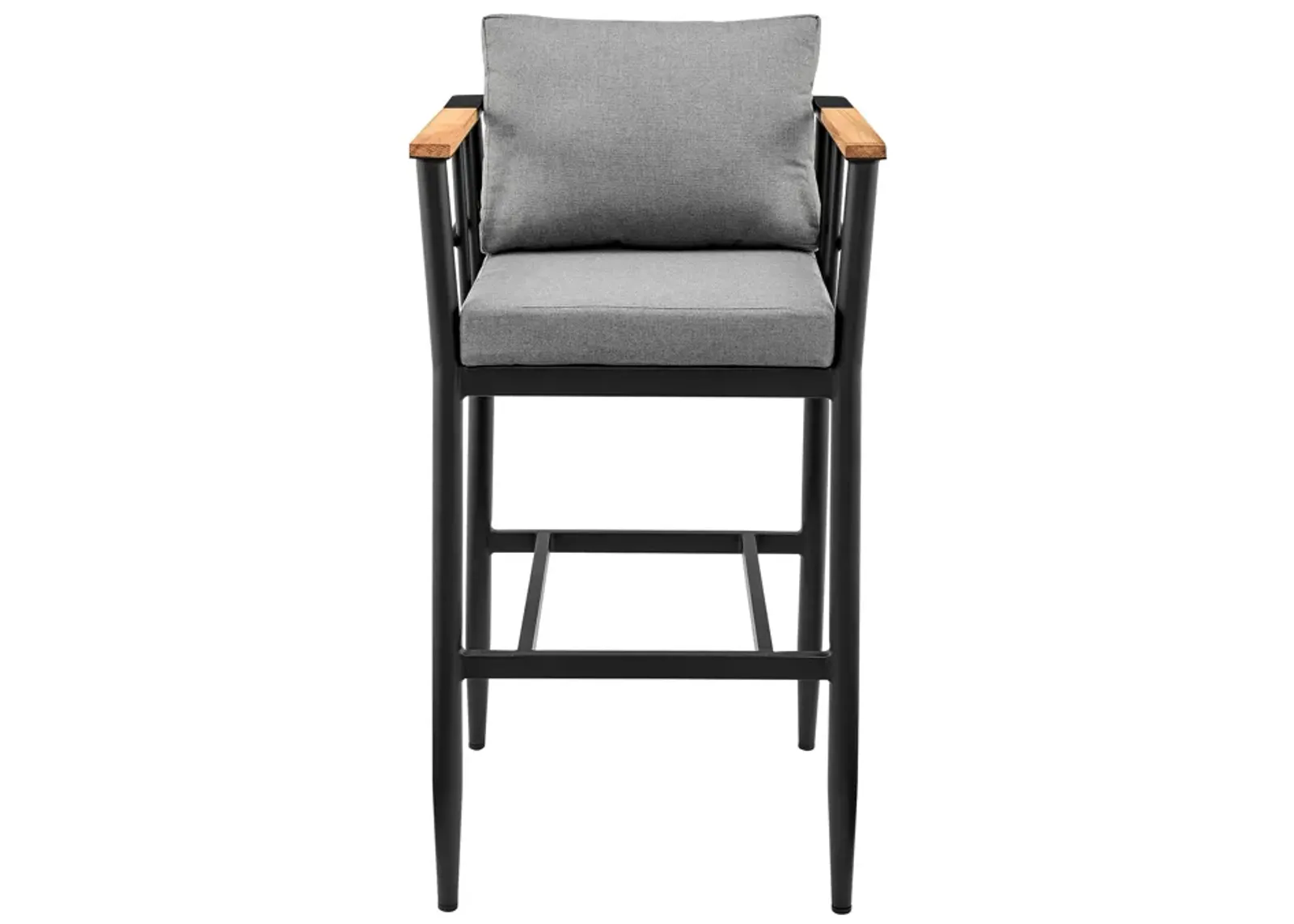 Wiglaf Outdoor Patio Counter Height Bar Stool in Aluminum and Teak with Gray Cushions