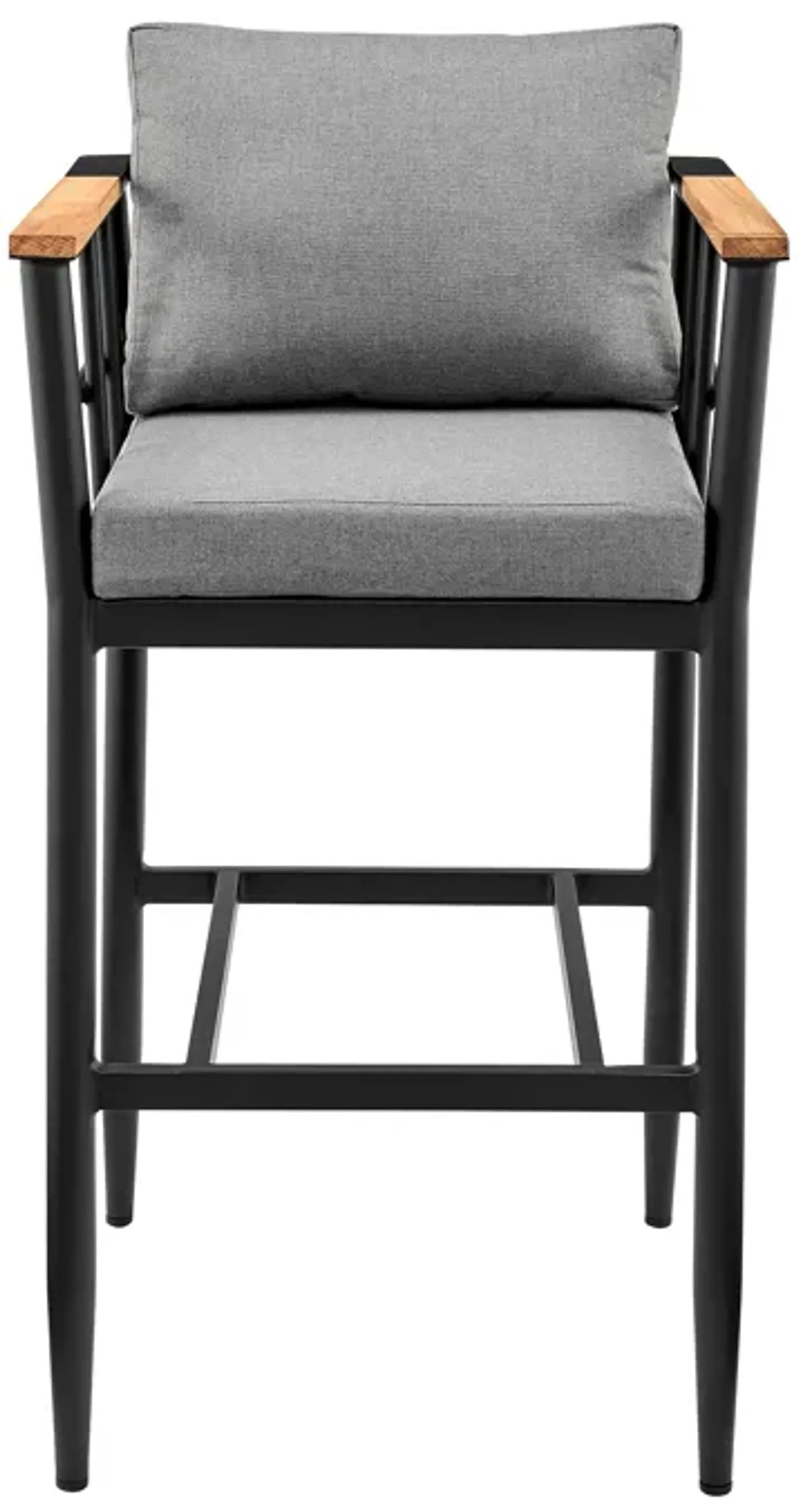 Wiglaf Outdoor Patio Counter Height Bar Stool in Aluminum and Teak with Gray Cushions