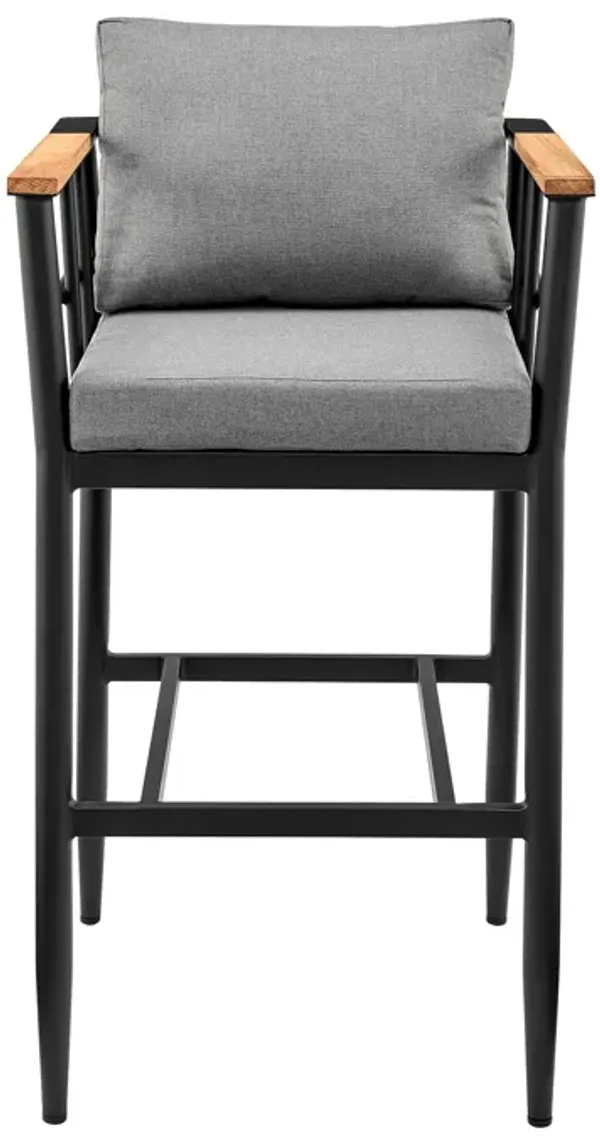 Wiglaf Outdoor Patio Bar Stool in Aluminum and Teak with Gray Cushions