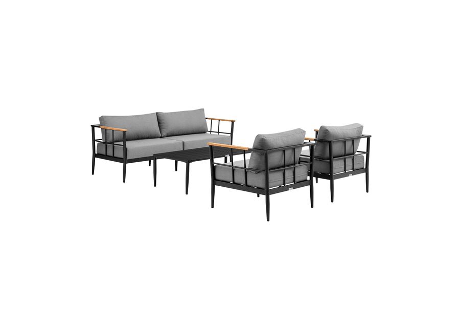 Shari Outdoor Patio 4-Piece Lounge Set in Aluminum with Teak Wood and Gray Cushions